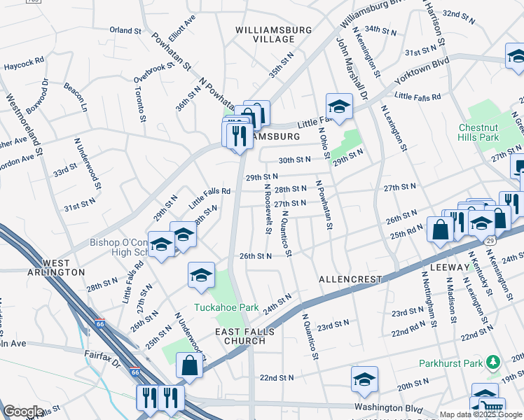 map of restaurants, bars, coffee shops, grocery stores, and more near 6404 27th Street North in Arlington
