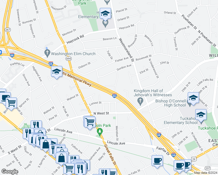 map of restaurants, bars, coffee shops, grocery stores, and more near 6625 Hallwood Avenue in Falls Church
