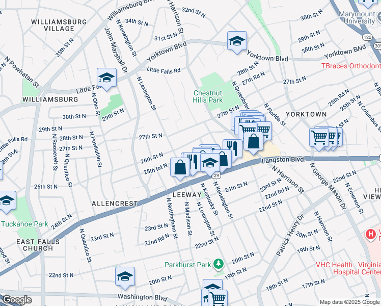 map of restaurants, bars, coffee shops, grocery stores, and more near 5711 25th Road North in Arlington