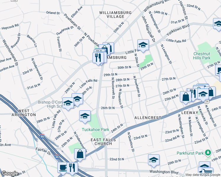 map of restaurants, bars, coffee shops, grocery stores, and more near 6404 27th Street North in Arlington