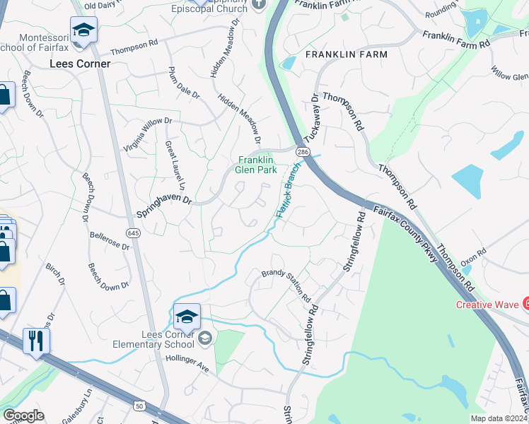 map of restaurants, bars, coffee shops, grocery stores, and more near 3335 Oakshade Court in Fairfax