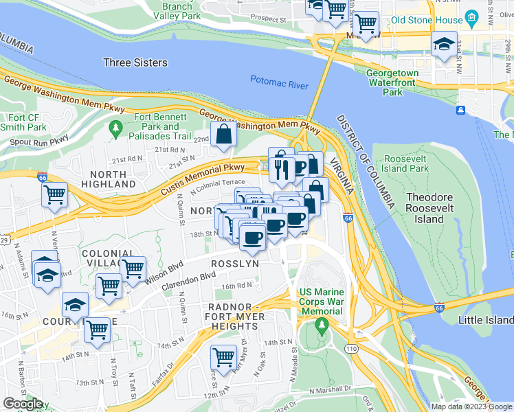 map of restaurants, bars, coffee shops, grocery stores, and more near 1411 Key Boulevard in Arlington