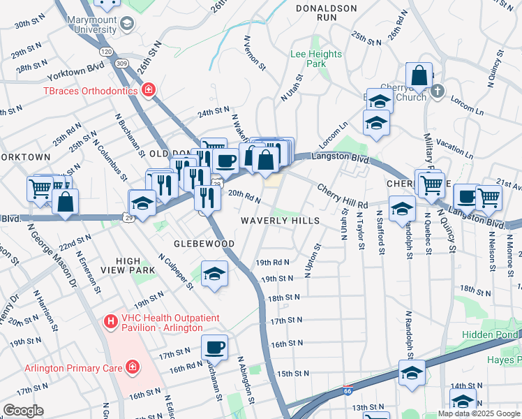 map of restaurants, bars, coffee shops, grocery stores, and more near 2021 North Woodrow Street in Arlington