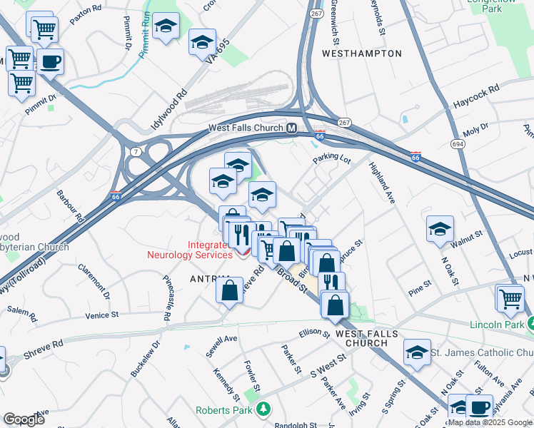map of restaurants, bars, coffee shops, grocery stores, and more near 255 West Falls Station Boulevard in Falls Church