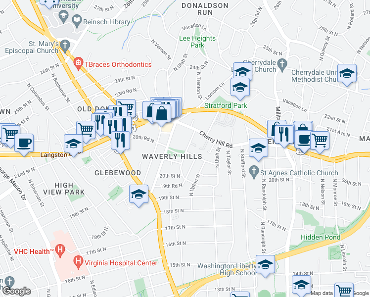 map of restaurants, bars, coffee shops, grocery stores, and more near 2028 North Vermont Street in Arlington