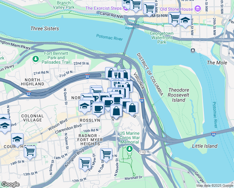 map of restaurants, bars, coffee shops, grocery stores, and more near 1851 North Moore Street in Arlington