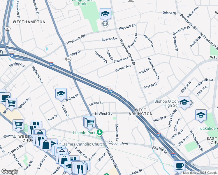 map of restaurants, bars, coffee shops, grocery stores, and more near 6625 Hallwood Avenue in Falls Church