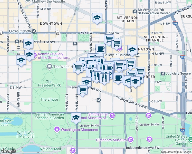 map of restaurants, bars, coffee shops, grocery stores, and more near 555 13th Street Northwest in Washington