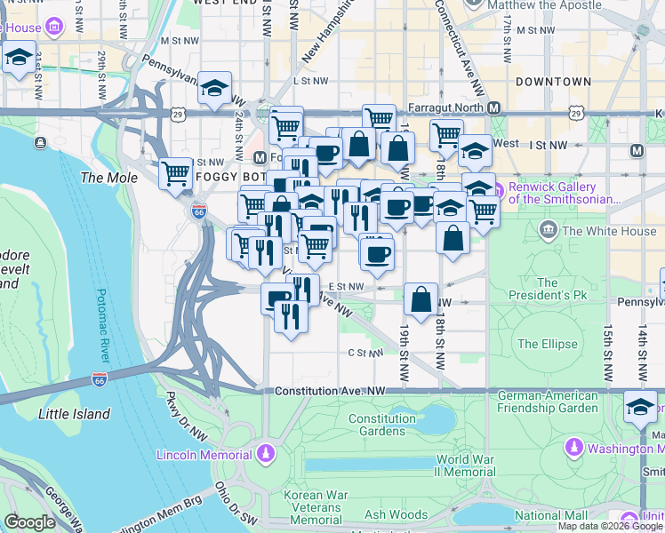 map of restaurants, bars, coffee shops, grocery stores, and more near 522 21st Street Northwest in Washington