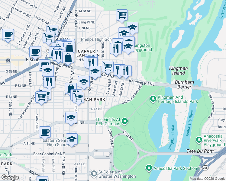 map of restaurants, bars, coffee shops, grocery stores, and more near 101 Independence Avenue Southeast in Washington