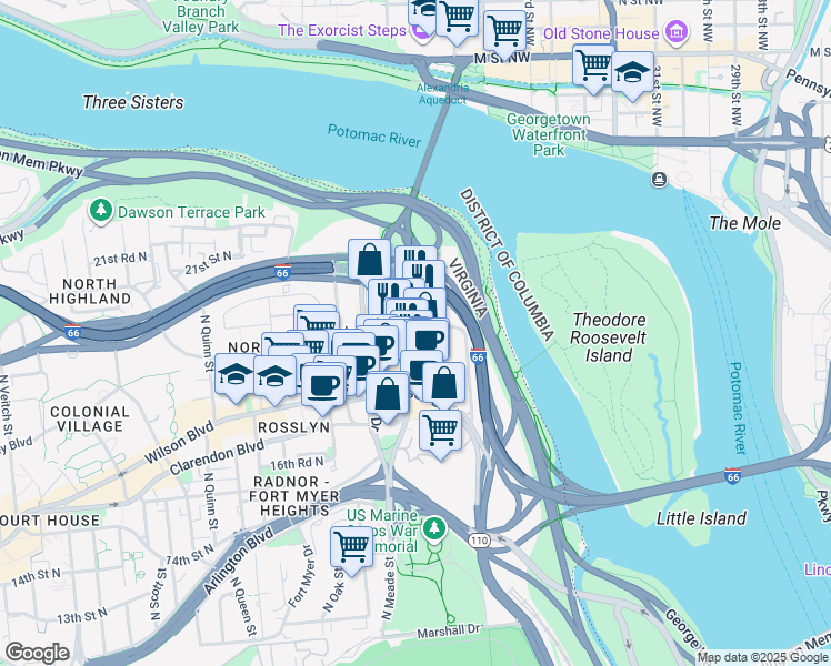 map of restaurants, bars, coffee shops, grocery stores, and more near 1801 North Lynn Street in Arlington