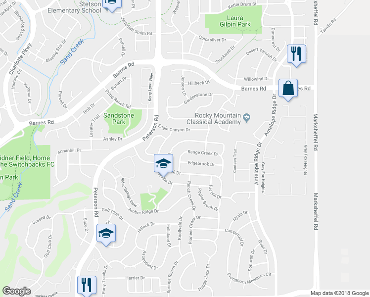 map of restaurants, bars, coffee shops, grocery stores, and more near 4580 Range Creek Drive in Colorado Springs