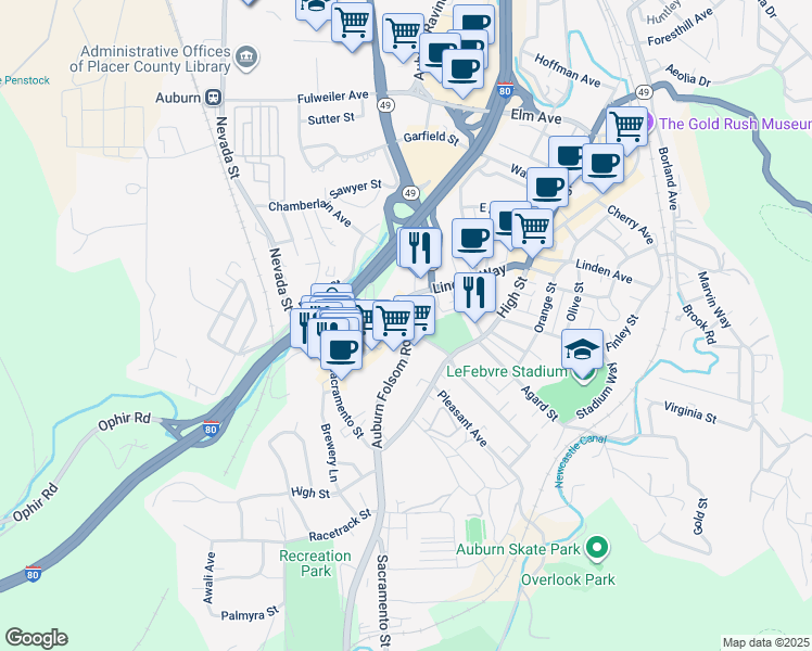 map of restaurants, bars, coffee shops, grocery stores, and more near 1409 Lincoln Way in Auburn