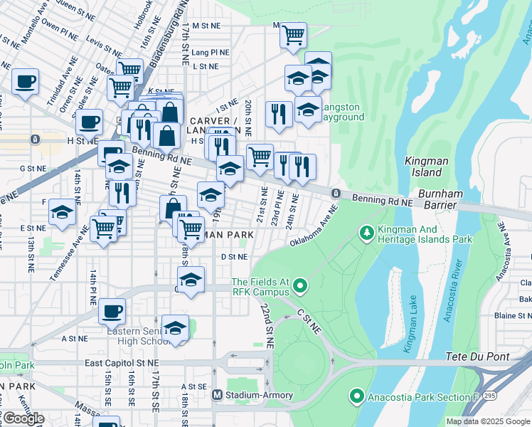map of restaurants, bars, coffee shops, grocery stores, and more near 523 21st Street Northeast in Washington