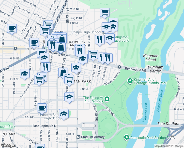 map of restaurants, bars, coffee shops, grocery stores, and more near 101 Independence Avenue Southeast in Washington