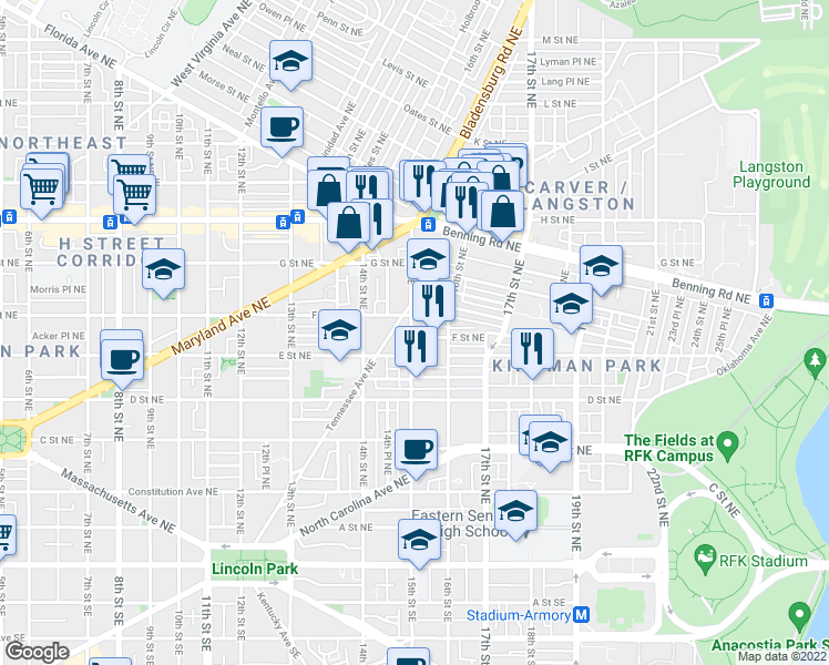 map of restaurants, bars, coffee shops, grocery stores, and more near 101 Independence Avenue Southeast in Washington