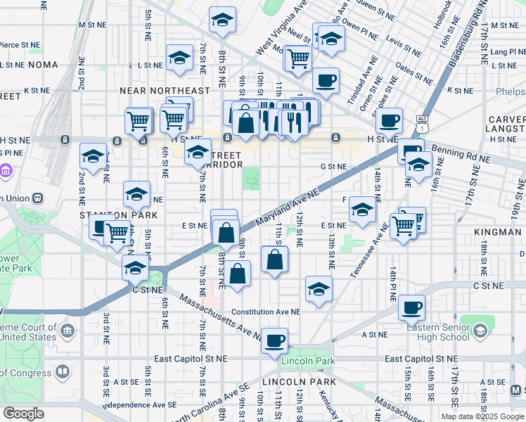 map of restaurants, bars, coffee shops, grocery stores, and more near 101 Independence Avenue Southeast in Washington
