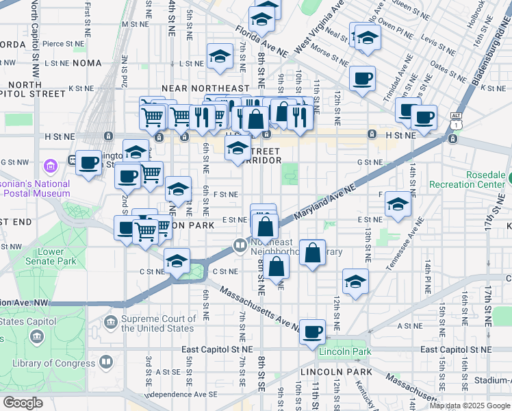 map of restaurants, bars, coffee shops, grocery stores, and more near 101 Independence Avenue Southeast in Washington