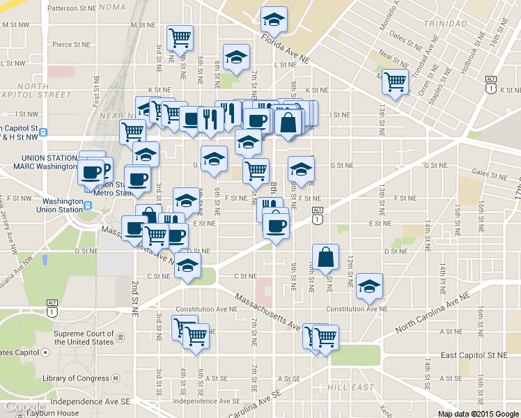 map of restaurants, bars, coffee shops, grocery stores, and more near 101 Independence Avenue Southeast in Washington