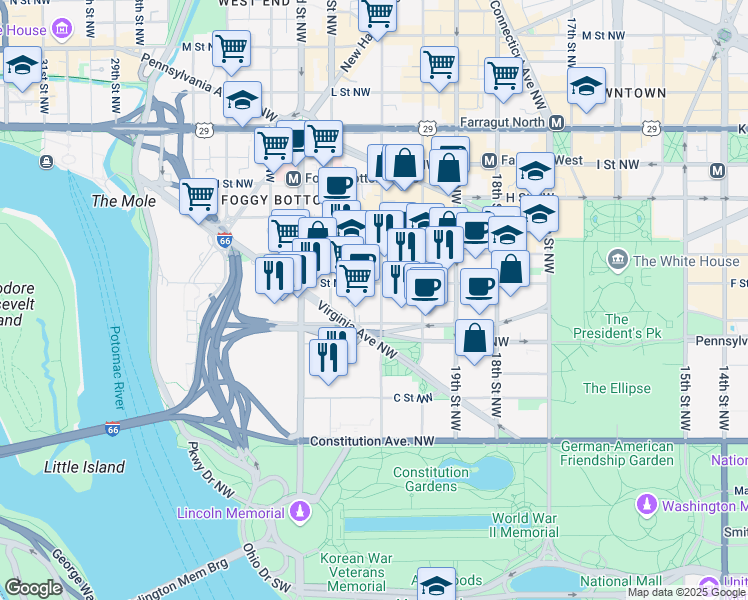 map of restaurants, bars, coffee shops, grocery stores, and more near 101 Independence Avenue Southeast in Washington