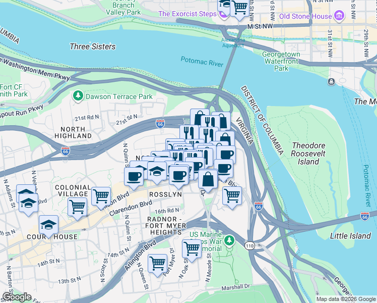 map of restaurants, bars, coffee shops, grocery stores, and more near 101 Independence Avenue Southeast in Washington