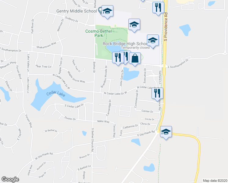 map of restaurants, bars, coffee shops, grocery stores, and more near 38 North Cedar Lake Drive West in Columbia