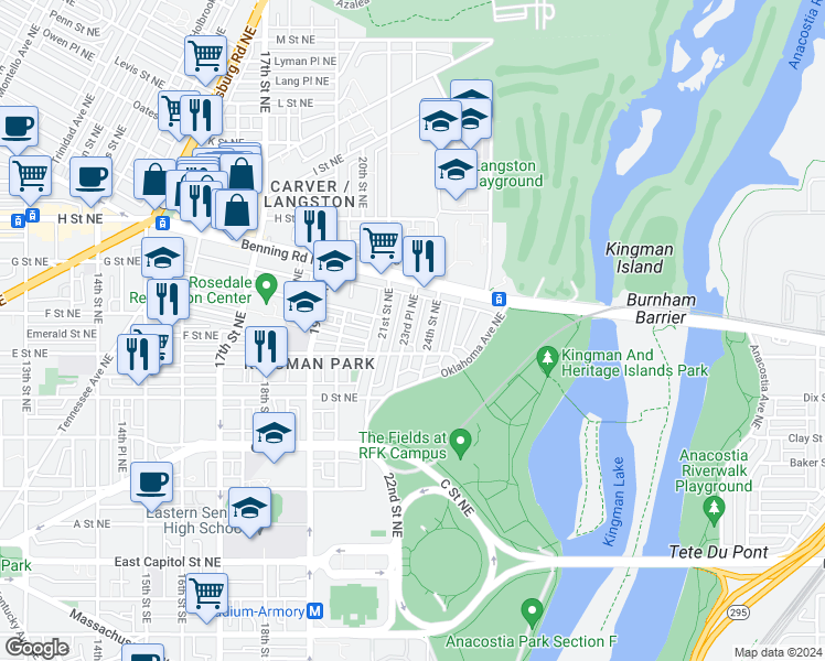 map of restaurants, bars, coffee shops, grocery stores, and more near 527 23rd Place Northeast in Washington