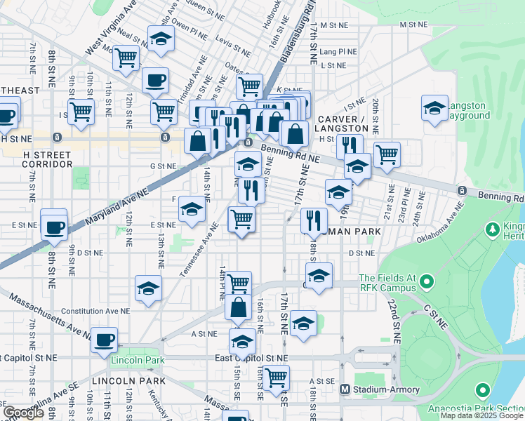 map of restaurants, bars, coffee shops, grocery stores, and more near 1600 F Street Northeast in Washington