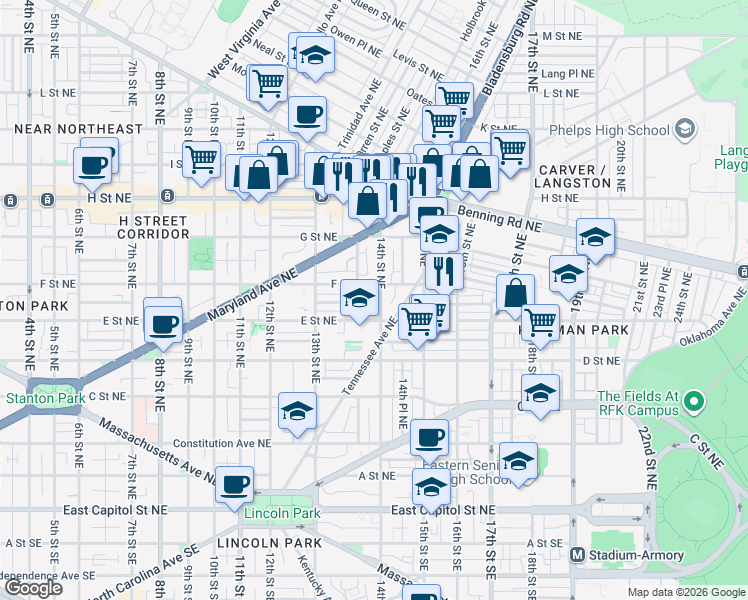 map of restaurants, bars, coffee shops, grocery stores, and more near 101 Independence Avenue Southeast in Washington