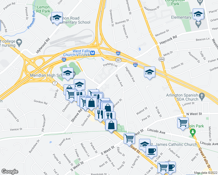 map of restaurants, bars, coffee shops, grocery stores, and more near 7025 Haycock Road in Falls Church