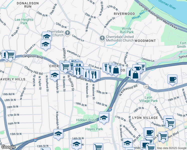 map of restaurants, bars, coffee shops, grocery stores, and more near 2117 North Monroe Street in Arlington
