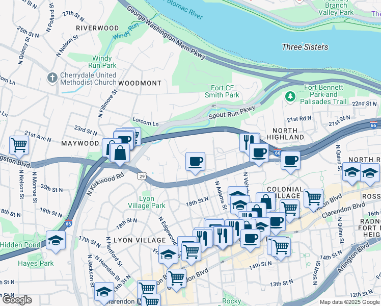 map of restaurants, bars, coffee shops, grocery stores, and more near 2001 North Cleveland Street in Arlington