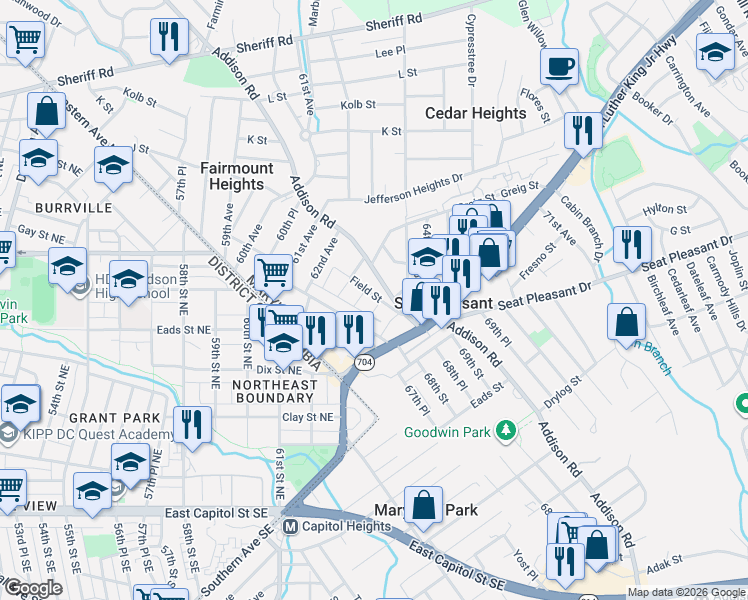 map of restaurants, bars, coffee shops, grocery stores, and more near 6305 Field Street in Capitol Heights