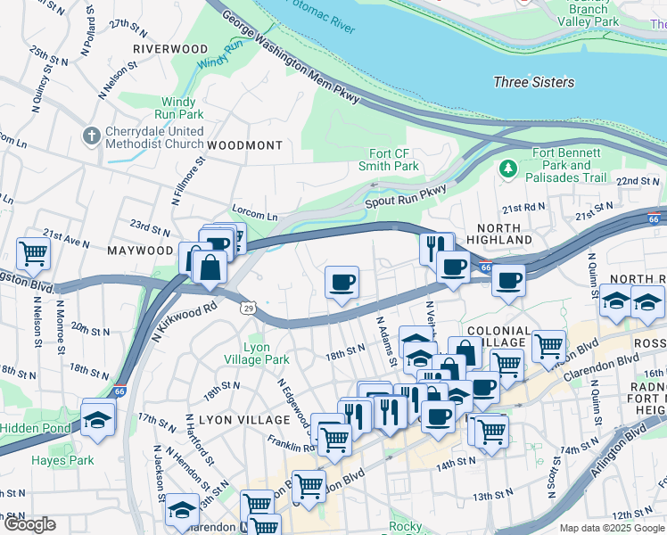 map of restaurants, bars, coffee shops, grocery stores, and more near 2001 North Cleveland Street in Arlington