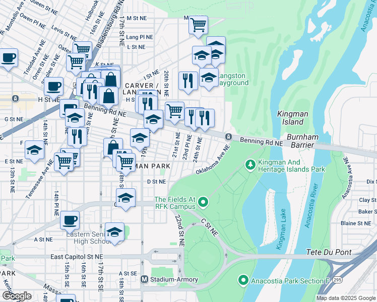 map of restaurants, bars, coffee shops, grocery stores, and more near 527 23rd Place Northeast in Washington