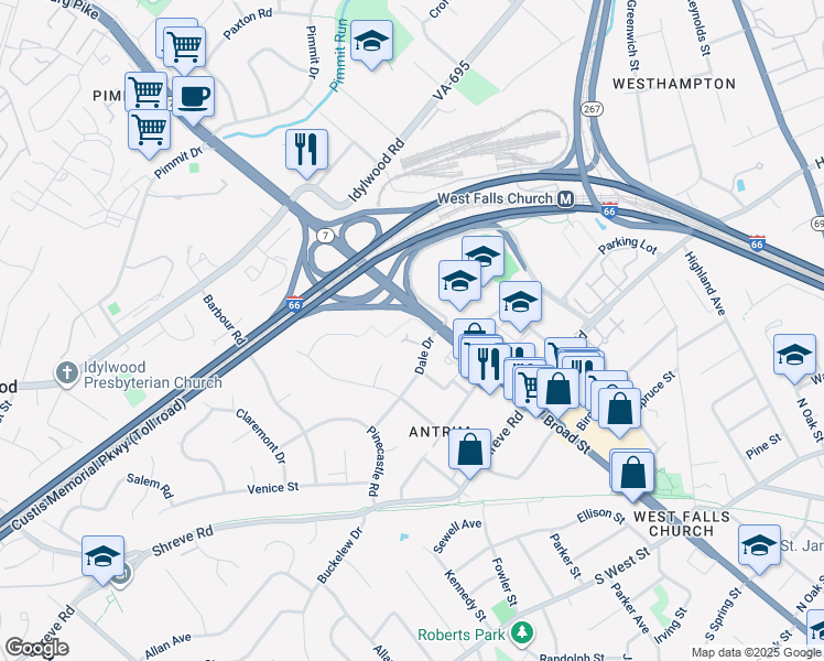 map of restaurants, bars, coffee shops, grocery stores, and more near 2322 Dale Drive in Falls Church