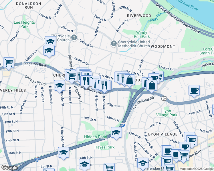 map of restaurants, bars, coffee shops, grocery stores, and more near 2111 North Monroe Street in Arlington