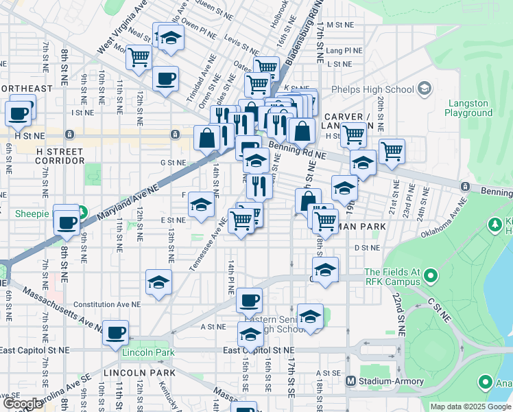 map of restaurants, bars, coffee shops, grocery stores, and more near 101 Independence Avenue Southeast in Washington