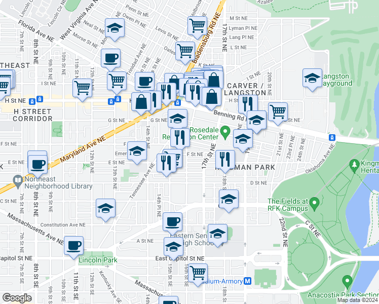map of restaurants, bars, coffee shops, grocery stores, and more near 1604 F Street Northeast in Washington