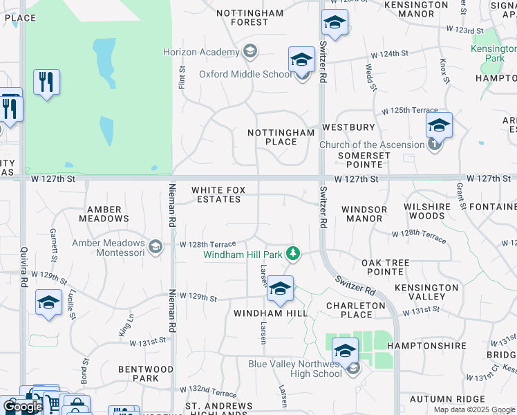 map of restaurants, bars, coffee shops, grocery stores, and more near 12759 Goddard St in Overland Park