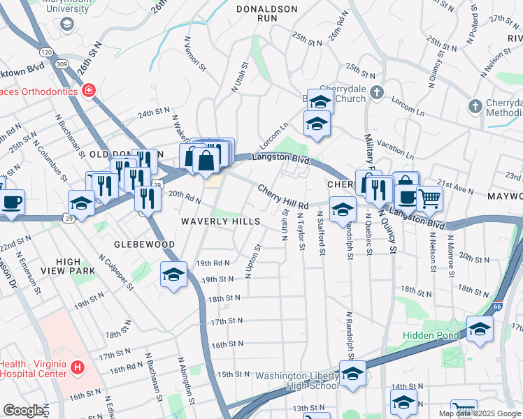 map of restaurants, bars, coffee shops, grocery stores, and more near 4354 Lee Highway in Arlington