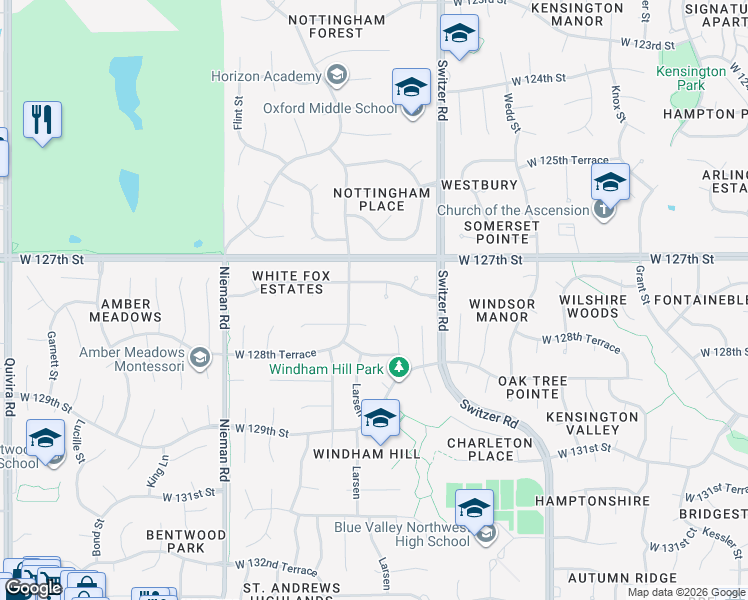 map of restaurants, bars, coffee shops, grocery stores, and more near 12759 Goddard Street in Overland Park
