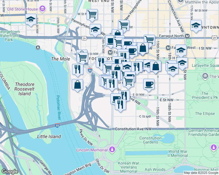 map of restaurants, bars, coffee shops, grocery stores, and more near in Washington
