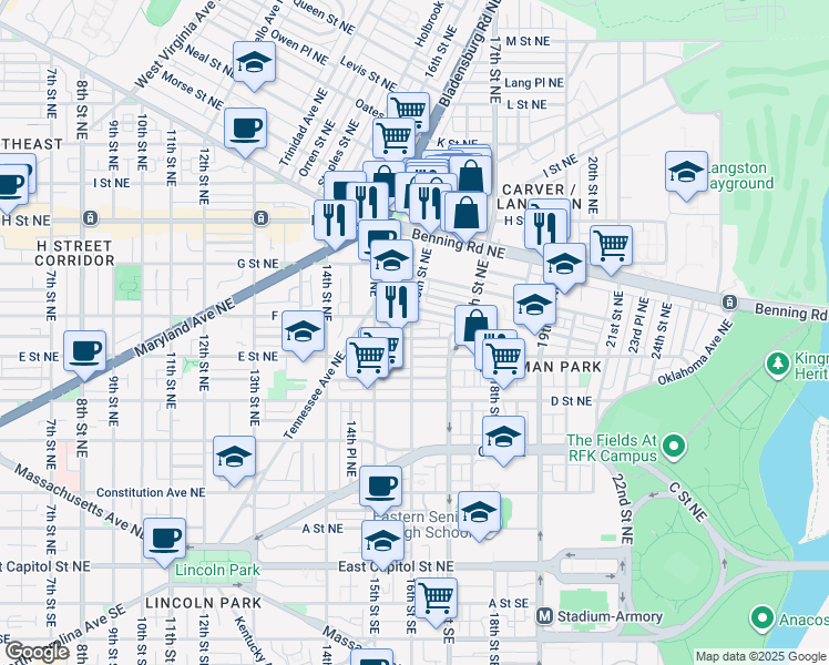 map of restaurants, bars, coffee shops, grocery stores, and more near 1600 F Street Northeast in Washington
