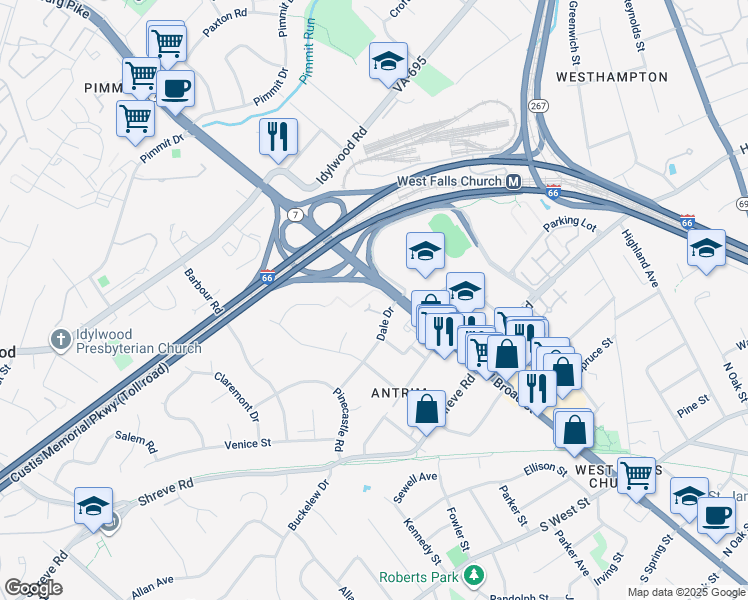 map of restaurants, bars, coffee shops, grocery stores, and more near 2322 Dale Drive in Falls Church