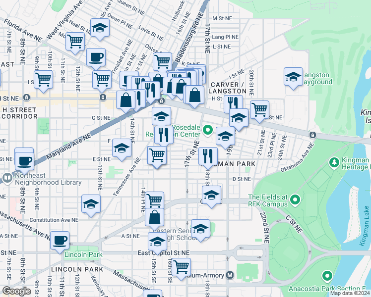 map of restaurants, bars, coffee shops, grocery stores, and more near 1646 F Street Northeast in Washington