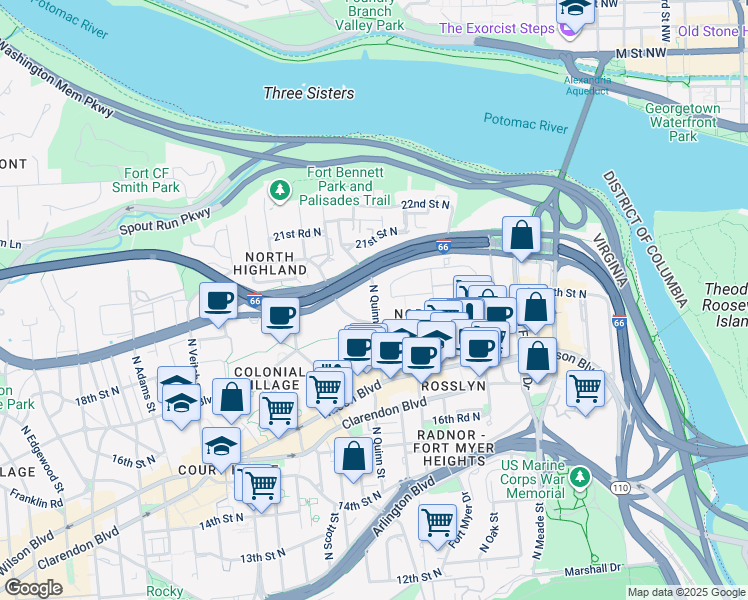 map of restaurants, bars, coffee shops, grocery stores, and more near 1900 North Quinn Street in Arlington