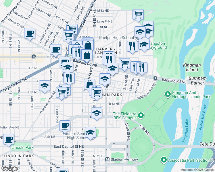 map of restaurants, bars, coffee shops, grocery stores, and more near 101 Independence Avenue Southeast in Washington