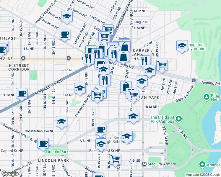 map of restaurants, bars, coffee shops, grocery stores, and more near 1604 F Street Northeast in Washington
