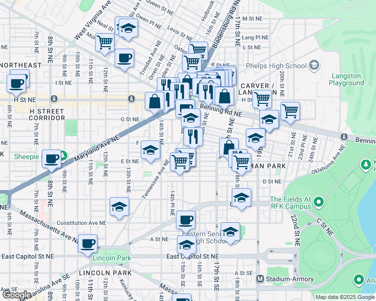 map of restaurants, bars, coffee shops, grocery stores, and more near 101 Independence Avenue Southeast in Washington